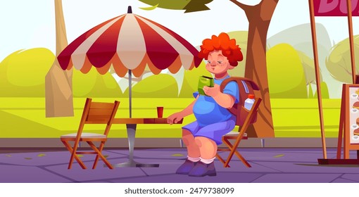 Boy child in park with food on outdoor terrace. Summer cafe outside exterior with umbrella, table and chair. Snack on street patio in garden for breakfast. Junk and obesity design concept background