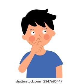 Boy child pick his nose character in flat design on white background.