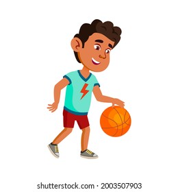 Boy Child Playing Basketball On Playground Vector. Happy Hispanic Kid Athlete Play Basketball Game With Ball. Character Preteen Player Training Sport Activity Flat Cartoon Illustration