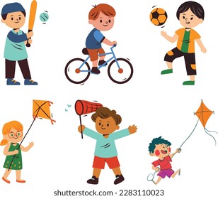 boy and child playing football, Set of children playing and exercising sport for good health