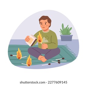 Boy child playing with matches, kid dangerous behavior at home unwatched by parents. Kiddo causing fire, risk of burning. Flat cartoon, vector illustration