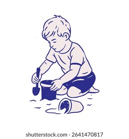 Boy Child Playing with a Sand on a Beach Kid Retro Sketch Whimsical Doodle Cartoon Illustration