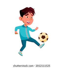 Boy Child Playing And Training Soccer Game Vector. Asian Kid Player Play Football Sport Game With Ball On Stadium. Character Chinese Infant Sportive Athlete Activity Flat Cartoon Illustration