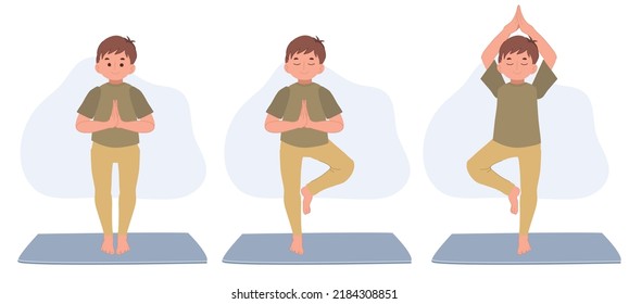 Boy Child Practicing Yoga, Standing In Vrksasana Exercise With Namaste, Tree Pose, Working Out.children And Healthy Lifestyle Sport Vector Illustration.