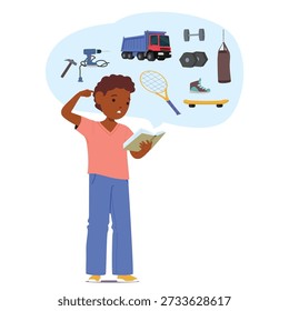 Boy child reading book looking pensive, feeling slightly overwhelmed by traditional gender roles and social expectations vector illustration. Childhood psychology, identity exploration, societal norms