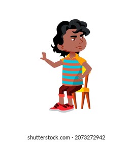 Niño Niña Que Se Niega A Dish En El Vector De Kindergarten. Niña Africana Sentada En La Presidencia Y Negándose A Comer En Canteen. Ilustración De Dibujo Plano De Caricatura Triste Y Frustrante