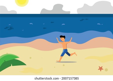 boy child running on the beach flat illustration