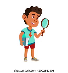 Boy Child Scientist With Magnifier Tool Vector. Happiness Hispanic Schoolboy Kid Scientist Holding Book And Magnifying Glass Researching On School Lesson. Character Flat Cartoon Illustration