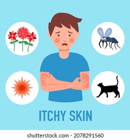 Boy child scratching arms suffering strong allergy skin itchy symptom in flat design. Itchy skin causes concept. Red rash skin irritation.