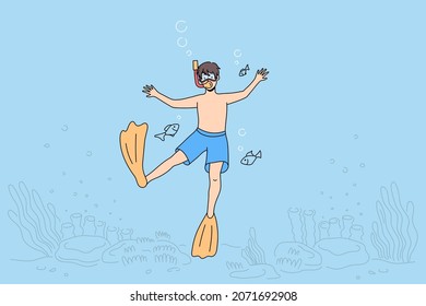 Niño en scuba y nado aletas buceando bajo el agua en el mar. Niño feliz en el submarinismo con ropa de baño en el océano. Vacaciones o vacaciones de verano activas. Espectáculo marino. Ilustración vectorial plana. 