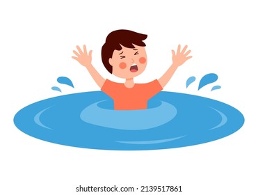 Boy Child Sinking In Water In Flat Design On White Background.