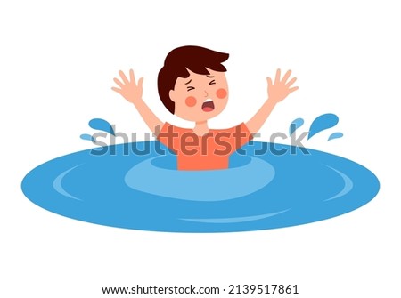 Boy child sinking in water in flat design on white background.