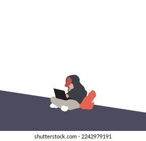 Niño sentado en el piso usando computadora portátil de tecnología tecleando en el teclado aprende y estudia. Escolar estudiando deberes. Educación a distancia, concepto de formación a distancia.