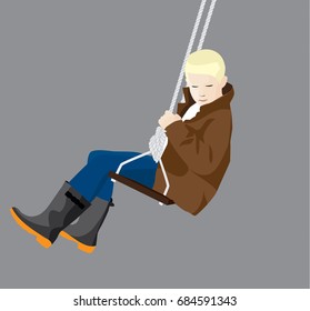 Boy or child sitting on a rope tree swing wearing coat and rubber boots on a grey background isolated vector illustration.