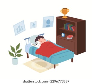 Boy child sleeps peacefully in his room and smiles in his sleep, flat cartoon vector illustration isolated on white background. Kid sleeping embracing his toy.