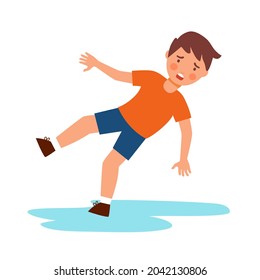 Boy child slip fall on wet floor in flat design on white background. Caution wet floor.