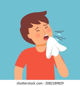 Boy child sneezing concept vector. Kids  blowing in handkerchief. Children  catch a cold from season allergy. 