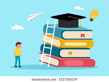 Boy child with stack of books ladder to the graduation cap on the top. Back to school or educational success concept.