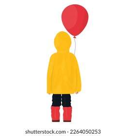 boy child standing with his back in full growth, in a yellow raincoat with a red balloon