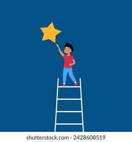 Boy child standing on ladder and try to reach the star in flat design.