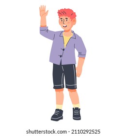 Boy child standing waving hand in greeting or welcoming gesture, flat vector illustration isolated on white background.