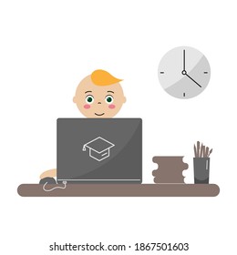 Boy child studies, works at the computer, laptop. Concept for online education, courses, training. Flat style.