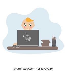 Boy child studies, works at the computer, laptop. Concept for online education, courses, training. Flat style.