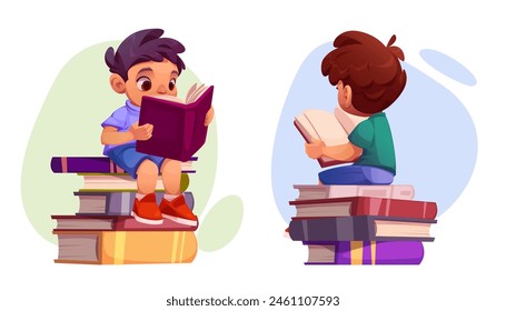 Boy child study book. Kid read in school library cartoon vector. Happy student character in kindergarten sit on literature pile. Isolated preschool young people in english class comic icon set.