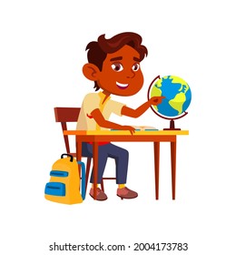 Boy Child Studying On Geography Lesson Vector. Indian Schoolboy Learning Globe On Geography Lesson At Table. Smiling Character Kid On School Study In Classroom Flat Cartoon Illustration