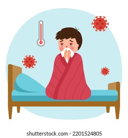 Boy Child Suffering From Flu In Bed Under Blanket. He Has Fever And Sneezing In Handkerchief. Flu Or Cold Allergy Symptom Cartoon. Influenza Treatment Concept Vector Illustration.