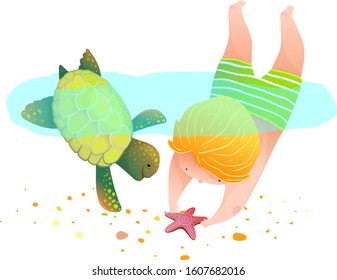 Boy child swimming diving and snorkeling with friendly sea turtle. Childhood joy of diving with wild water turtle, kid playing and swimming with animal. Watercolor style cartoon.