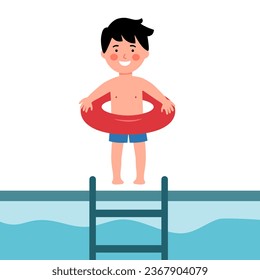 Junge Kinder in Schwimmanzug und Ring haben Spaß am Pool. 