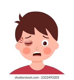 Boy child with swollen eye in flat design on white background.