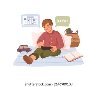 Boy child with tablet or smartphone helping to do homework and fishing assignments from school. Vector flat cartoon character with calculator or calendar on phone. Kid with modern gadget