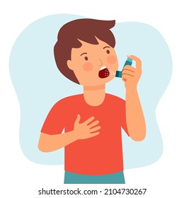 Boy Child Using Asthma Inhaler Against Allergic Attack In Flat Design. Breathing Treatment.