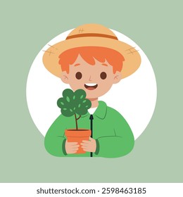 Сheerful boy child wearing a straw hat holds a potted plant. Vector illustration represents gardening, nature care, and environmental awareness, love for plants and eco-friendly living. Earth Day.