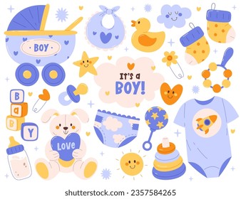 Elemento de diseño de saludo de parto para niños con accesorios para recién nacidos para bebés, ropa, cochecito, juguetes y métricas. Ilustración del vector linda invitación a ducha de niño y colección de etiquetas de celebración de fiesta