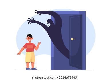 Garoto com medo de infância. Aluno olha com medo para a sombra da porta. Estudante assustado olha para o personagem assustador. Trauma infantil. Sentimentos e emoções negativas. Ilustração de vetor plano