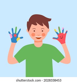 Boy children with painted hands in flat design. Colorful kids hands. Playful child.