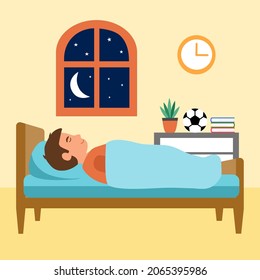 Boy children sleeping in bed under blanket in flat design. Kids sleep in bedroom at night.