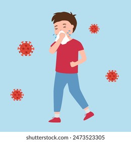 A boy children suffering from flu. Kids sneezing in handkerchief or tissue paper. Flu or cold allergy symptom cartoon. Influenza treatment.