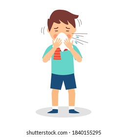 A boy children suffering from flu in winter season. Sad kids sneezing in handkerchief or tissue paper. Flu or cold allergy symptom cartoon. Influenza treatment. COVID-19 Coronavirus infection.