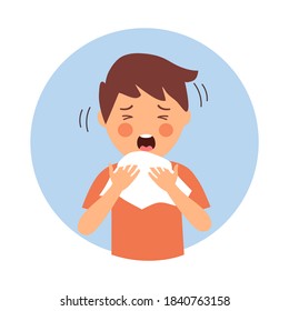 A boy children suffering from flu in winter season. Sad kids sneezing in handkerchief or tissue paper. Flu or cold allergy symptom cartoon. Influenza treatment. COVID-19 Coronavirus infection.