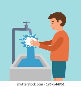 A boy children washing his hands in the sink concept vector. Washing hands under faucet with soap and water. Virus and germs prevention healthcare in flat design.