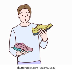  A boy chooses shoes in a sports shop. Hand drawn in thin line style, vector illustration. 