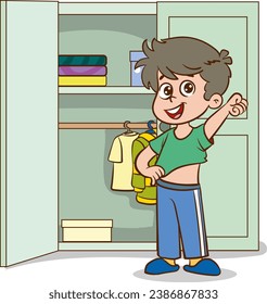 Boy choosing clothes in the closet. Vector illustration of a cartoon style.