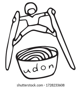 Boy with chopsticks over a bowl with udon. Graphic arts. For advertising and promotion of noodles