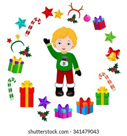 Boy with Christmas Costume and round frame. Vector cartoon illustration.