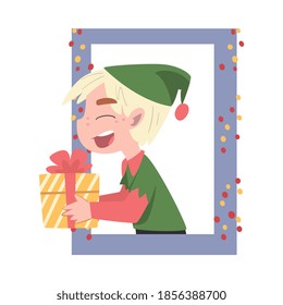 Boy in Christmas Elf Hat Looking out of the Window, Kid Giving or Receiving Gift Box, Merry Xmas and New Year, Happy Winter Holidays Concept Vector Illustration