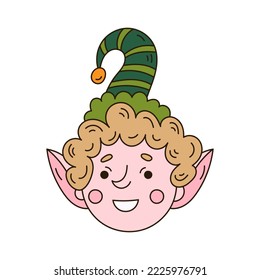 Junge Weihnachtselfen lächeln Gesicht. Doodle-Stil kleiner Helfer des Weihnachtsmanns 
